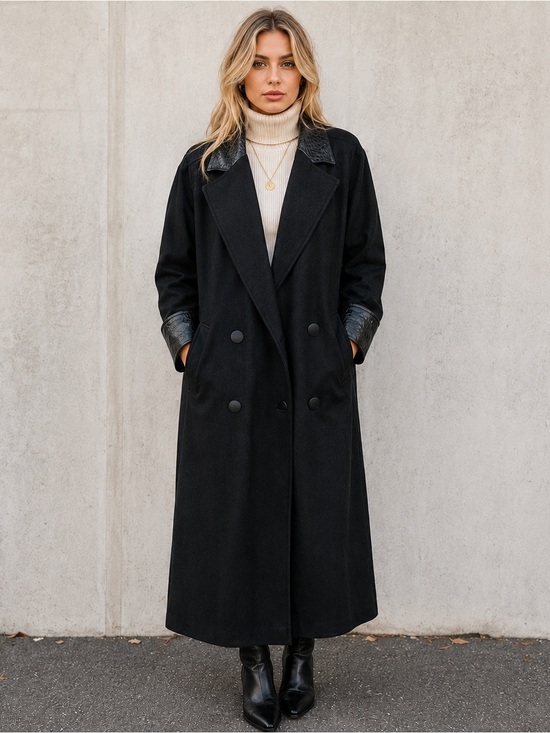 Havoc Jackets & Blazers - Vintage Havoc Black Wool Leather Trim Long Trench Coat USA Size 10